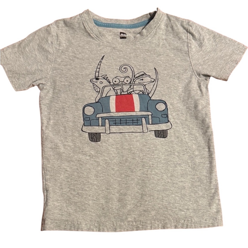 Tea Collection Lizard Convertible Car Graphic Tee Kids Size 5 Gray Short Sleeve